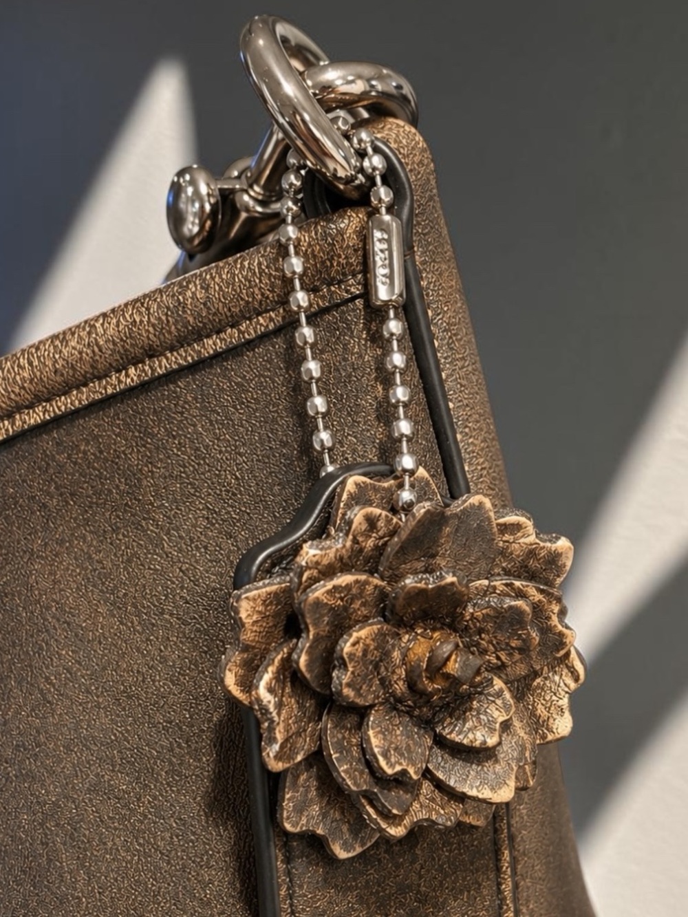 Leather Floral Bag Charm Keychain in Rubbed Brown